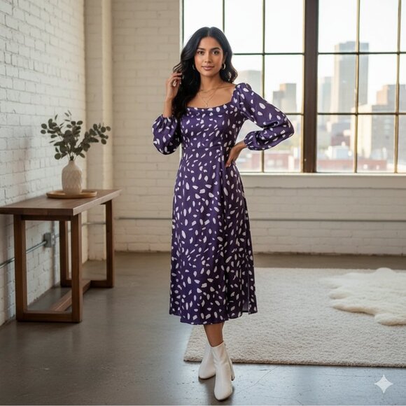 J.ING Jing Purple with White Long Sleeve Midi Dress Size ML NWT - Picture 1 of 7